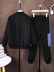 Tween Boy 1pc Letter Graphic Flap Pocket Jacket & 1pc Sweatpants - Black - View 2