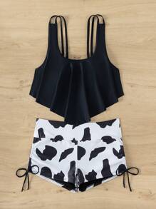 牛印花手帕搭配收口側邊短褲的坦克泳裝 - 黑與白 - 查看 5