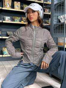 SHEIN EZwear Dây kéo Xù Áo khoác - Xám - Xem 1