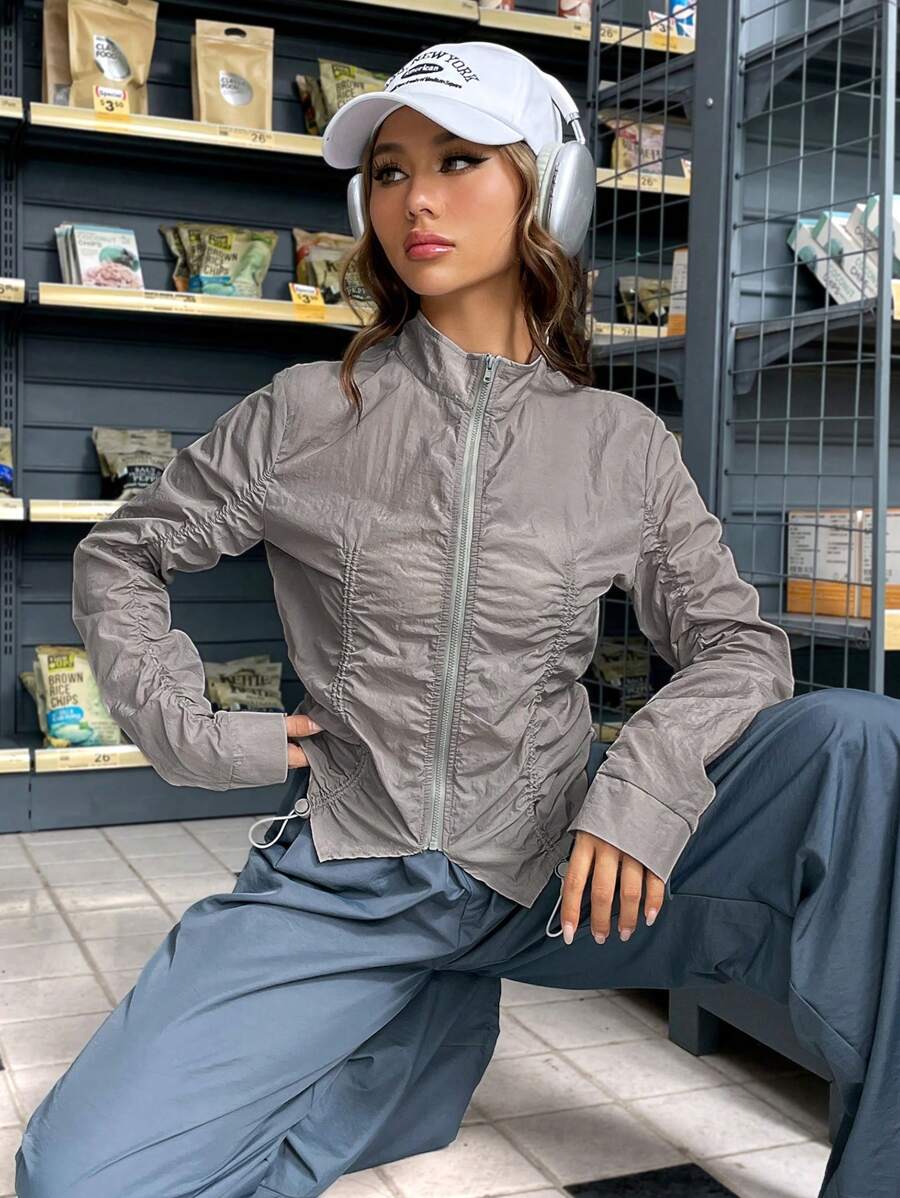 SHEIN EZwear Dây kéo Xù Áo khoác - Xám - Xem 1