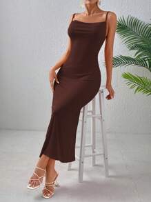 SHEIN Allurite Đầm Maxi hở vai nhún bèo hở lưng cho nữ - Cà phê - Xem 5