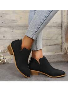 2025 年秋冬女士时尚切尔西靴，棕色皮革鞋面，舒适修身西式风格，后拉链，多色，透气镂空 - 黑色 - 查看 5