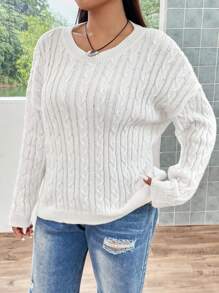 Flirla 加大码麻花针织落肩套头毛衣秋冬毛衣 - 白色 - 查看 5