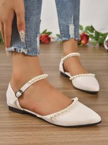 2025 Autumn Women Pointed Toe Flat Sandals, Pearl Decor Buckle Design Hollow-Out Slip-On Sandals, All Season - White - View 3