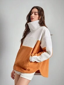 In My Nature Colorblock Half Zip Kangaroo Pocket Drop Shoulder Turtleneck Jacket - Coral Orange - View 6