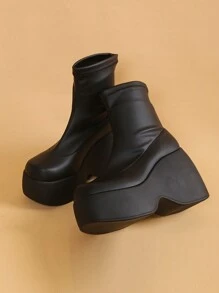 春秋女士粗跟短靴,pu皮革鞋面,具彈性 - 黑色 - 查看 5