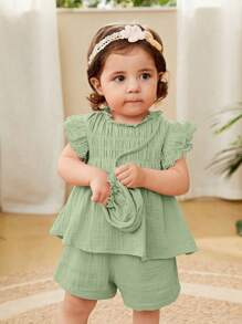 Cozy Pixies Baby Girl Ruffle Trim Peplum Top & Shorts - Mint Green - View 4
