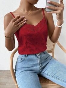 SHEIN LUNE Floral Jacquard Contrast Lace Satin Cami Top - Red - View 3