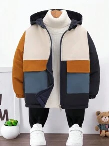 Young Boy 1pc Colorblock Flap Pocket Zipper Hooded Padded Coat - Multicolor - View 1
