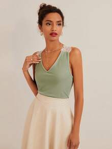 EURMUSE Contrast Lace Tank Top - Mint Green - View 4