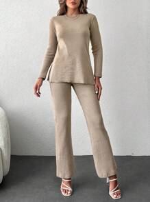 EURMUSE Solid Split Hem Tee & Flare Leg Pants - Beige - View 3