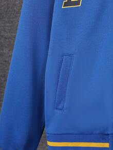 Tween Boy Letter Graphic Striped Trim Jacket & Sweatpants Without Hoodie - Blue - View 5