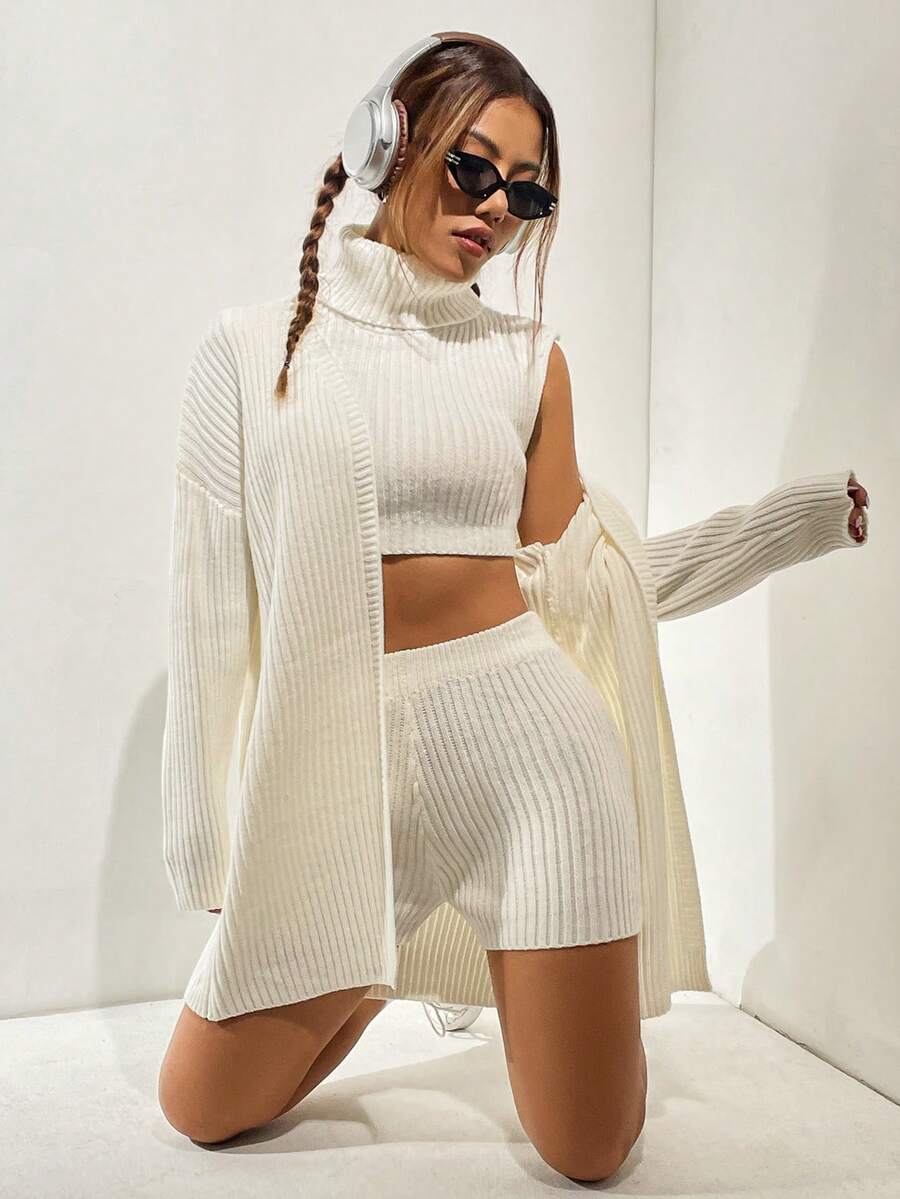SHEIN Unity 高領短款毛衣背心&針織短褲&開襟衫 - 白色 - 查看 1