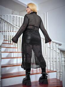 SHEIN PUNK 大碼前繫帶鏤空針織開襟衫 - 黑色 - 查看 2