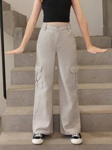 SHEIN Tween Girl Flap Pocket Side Cargo Jeans Summer Holiday - Grey - View 1