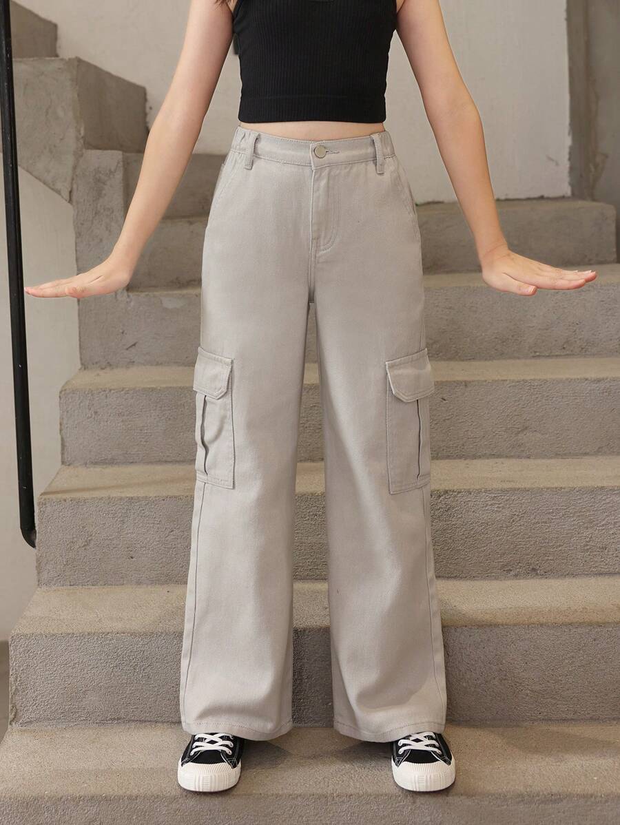 SHEIN Tween Girl Flap Pocket Side Cargo Jeans Summer Holiday - Grey - View 1