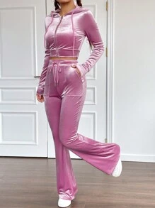 SHEIN EZwear Zip Up Drawstring Hooded Two Piece Jacket & Pants - Pink - View 4