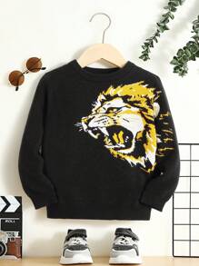 SHEIN Young Boy Lion Pattern Contrast Collar Sweater Without Shirt - Black - View 7