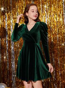 SHEIN Leap Crew Váy ngắn nhung tay lỡ cổ chữ V màu xanh lá cây cho bé gái tuổi teen dự tiệc/tốt nghiệp - màu xanh lá - Xem 3