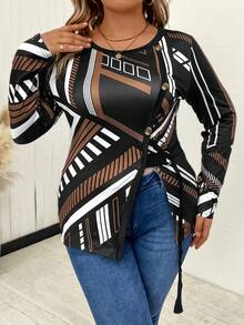 SHEIN LUNE Hơn In sọc Chi tiết Nút Viền không đối xứng Áo thun - Màu Khaki - Xem 4