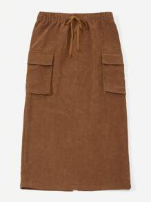 SHEIN EZwear 棕色梭織燈芯絨半身裙 - 棕色 - 查看 4