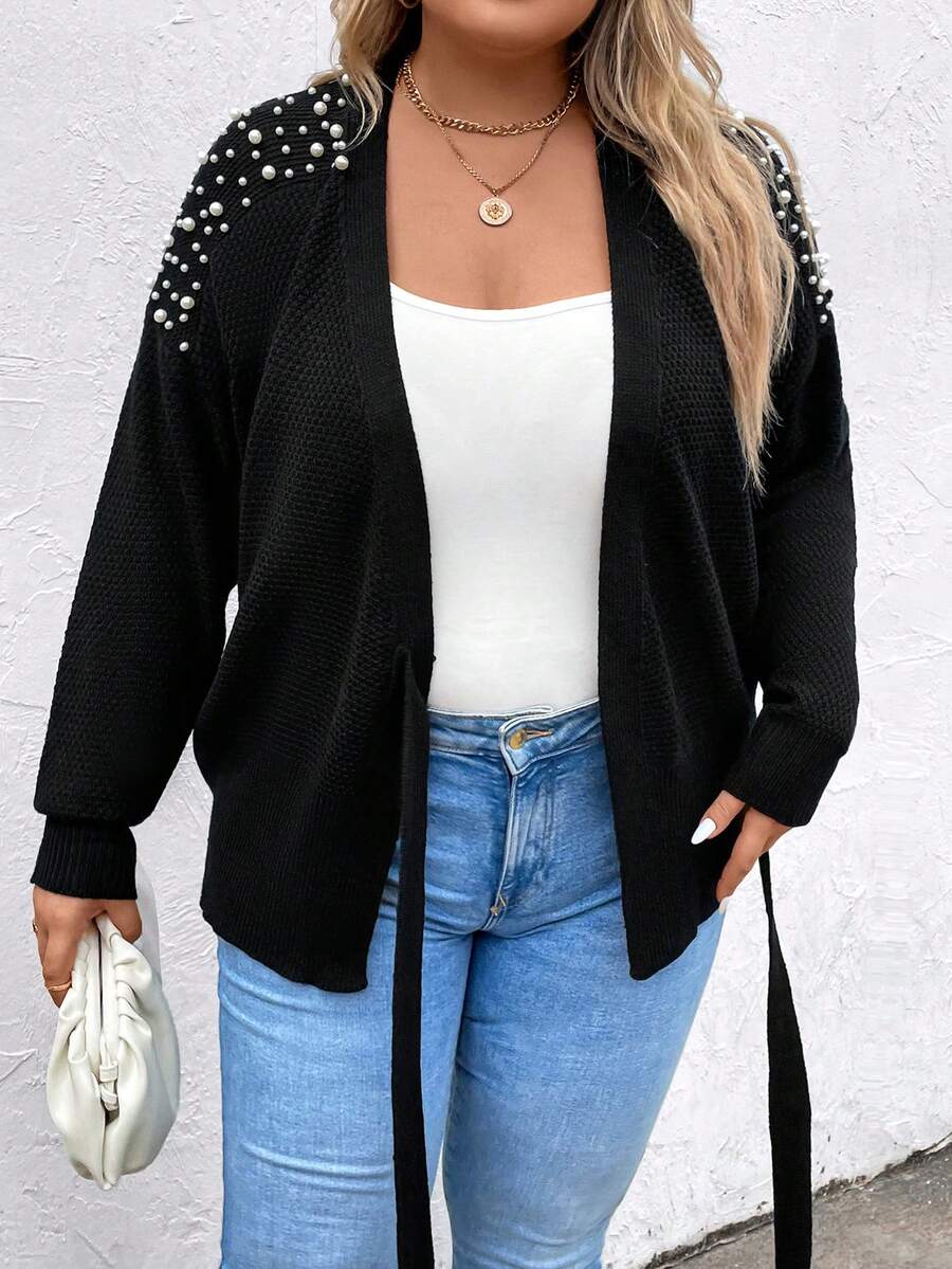 SHEIN Clasi Hơn Ngọc trai đính cườm Thả vai Thắt lưng Áo len Mở - màu đen - Xem 1