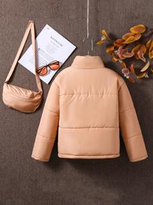 SHEIN Tween Girl 1pc Zipper Front Padded Coat - Khaki - View 2