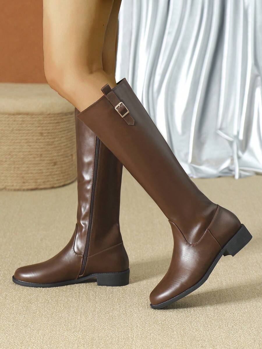女士时尚通勤及膝马靴，全新秋冬设计，带扣，金属装饰，侧拉链，适合休闲、派对，百搭高筒靴，圆头，粗跟中筒靴，舒适冬靴，女士牛仔靴