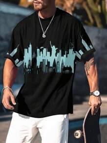 男士建築物圖案T恤 - 黑色 - 查看 1