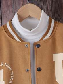 SHEIN Tween Girl 1pc Letter Graphic Striped Trim Drop Shoulder Varsity Jacket