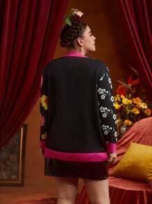 Frida Kahlo X SHEIN Hơn Mô hình hoa Viền tương phản Nút phía trước Áo len Mở - Nhiều màu - Xem 2