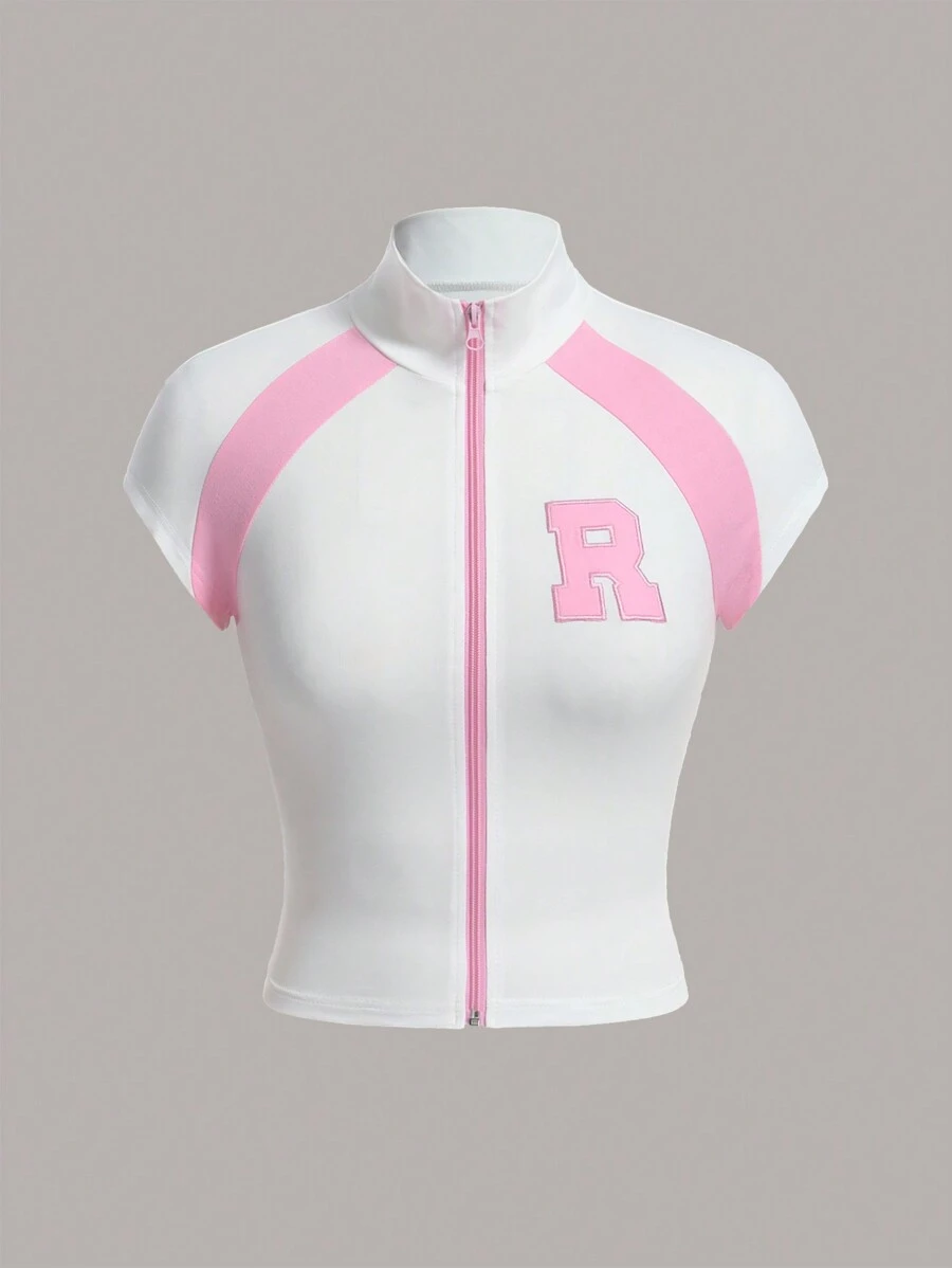 SHEIN ICON Chi tiết Patched thư Tay Raglan Dây kéo Áo thun - Hồng - Xem 1