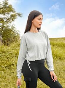 Easithlete Drawstring Hem Raglan Sleeve Sports Sweatshirt - Light Grey - View 1