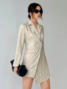 Aloruh Cổ áo Chi tiết xếp nếp Viền không đối xứng Váy blazer - Màu Khaki - Xem 3