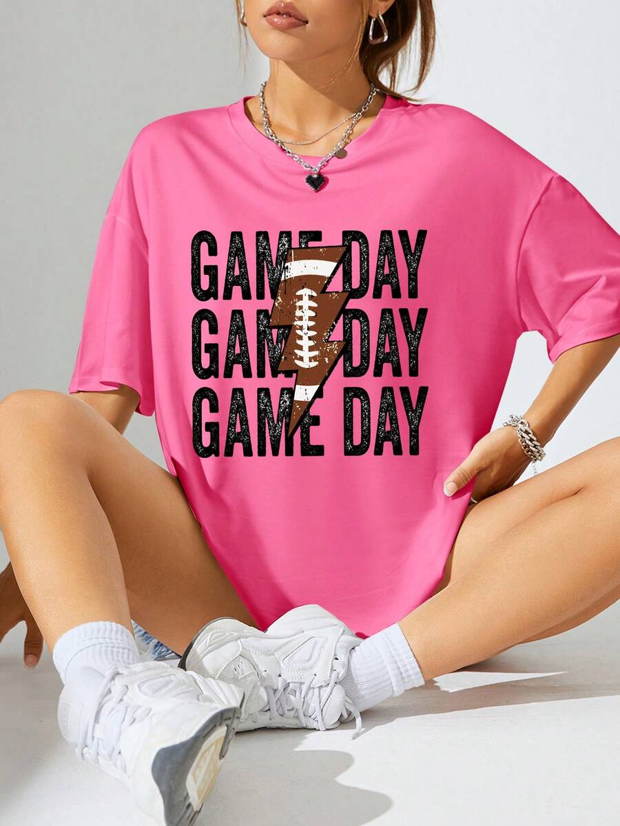 SHEIN EZwear Camiseta de hombros caídos con estampado de letra - Rosa Fucsia - Ver 1