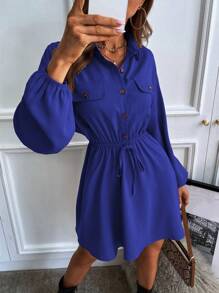 SHEIN Frenchy 翻蓋細節燈籠袖襯衫洋裝不附腰帶 - 藍色 - 查看 3