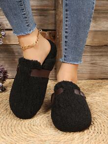 Dép xỏ ngón đế dày, mũi kín, mềm mại cho nữ, phong cách cổ điển có lót, ấm áp cho mùa thu/đông 2024 phiên bản Hàn Quốc mới - màu đen - Xem 2