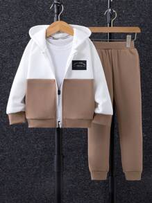 SHEIN Chàng trai trẻ Hai âm Chi tiết Patched thư Khóa kéo UP Áo Hoodie & Quần thể thao Without Tee - Màu Khaki - Xem 1