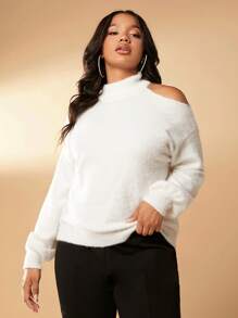 SHEIN SXY Plus Cut Out Shoulder Fluffy Knit Sweater - White - View 4
