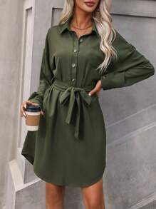 SHEIN LUNE Chất rắn Thắt lưng Váy sơ mi - xanh quân đội - Xem 6