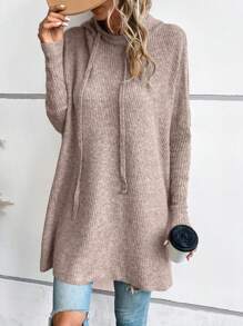 SHEIN LUNE Suéter de punto con capucha con cordón y mangas de murciélago para otoño e invierno - Caqui - Ver 4