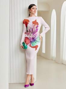 Modelyn Floral Print Lettuce Trim Bodycon Dress - Multicolor - View 1