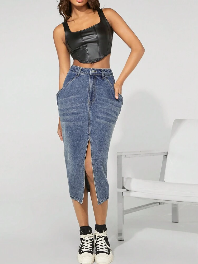 Draped Pocket Split Thigh Denim Skirt