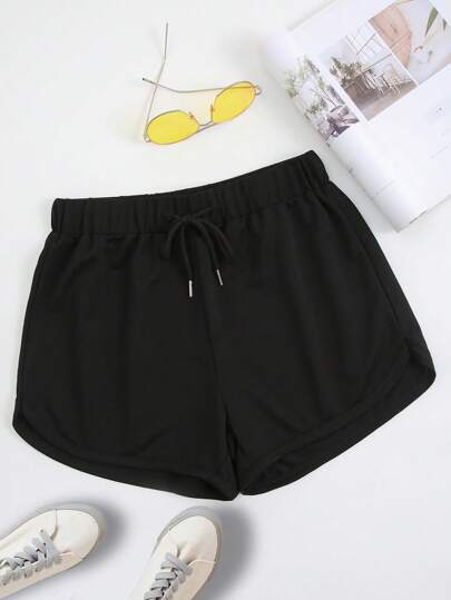 INAWLY 大碼素色腰部抽繩運動短褲