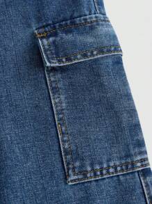 SHEIN 青少年女孩側翻蓋口袋工裝牛仔褲 - 深色水洗藍 - 查看 4
