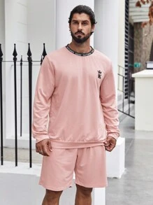 Manfinity Homme Men Plus Letter Graphic Sweatshirt & Drawstring Waist Shorts - Pink - View 1