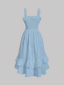 SHEIN MOD Vestido campesino con busto fruncido y dobladillo con volantes - Celeste - Ver 2