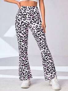 Leopard Print Wide Waistband Flare Leg Sports Pants - Multicolor - View 5