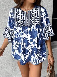 SHEIN LUNE 大碼印花缺口領荷葉袖荷葉邊下擺襯衫 - 藍色 - 查看 3