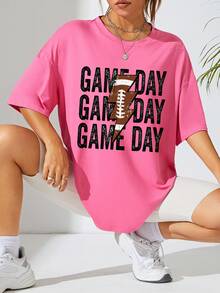 SHEIN EZwear Camiseta de hombros caídos con estampado de letra - Rosa Fucsia - Ver 4